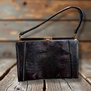 Vtg. 1950s Genuine Exotic Lizard Skin Purse Black Escort Bag Handbag MCM Rare